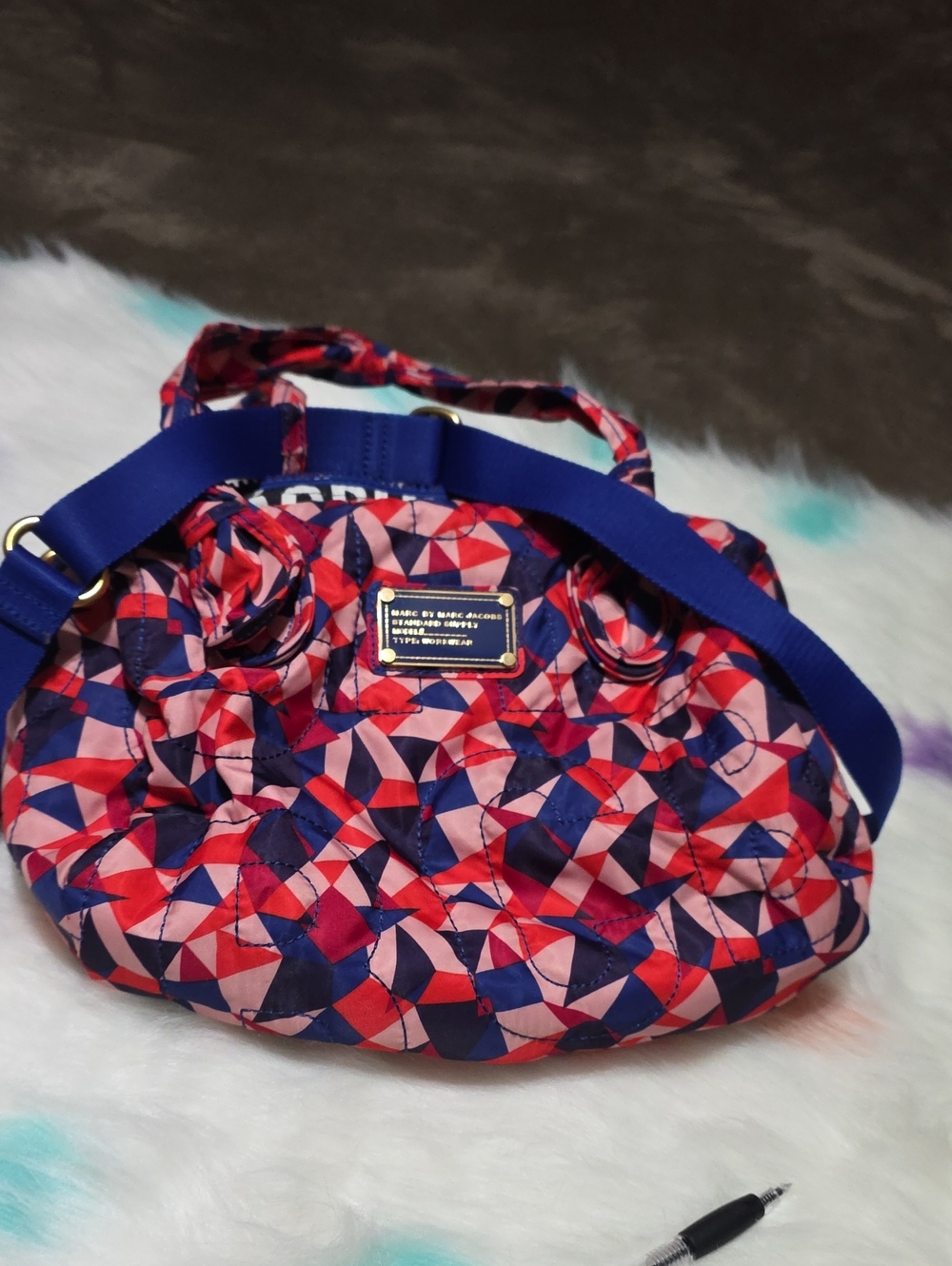 Authentic Marc by Marc Jacobs Red/Coral & Blue Geometric Quilted Shoulder Bag